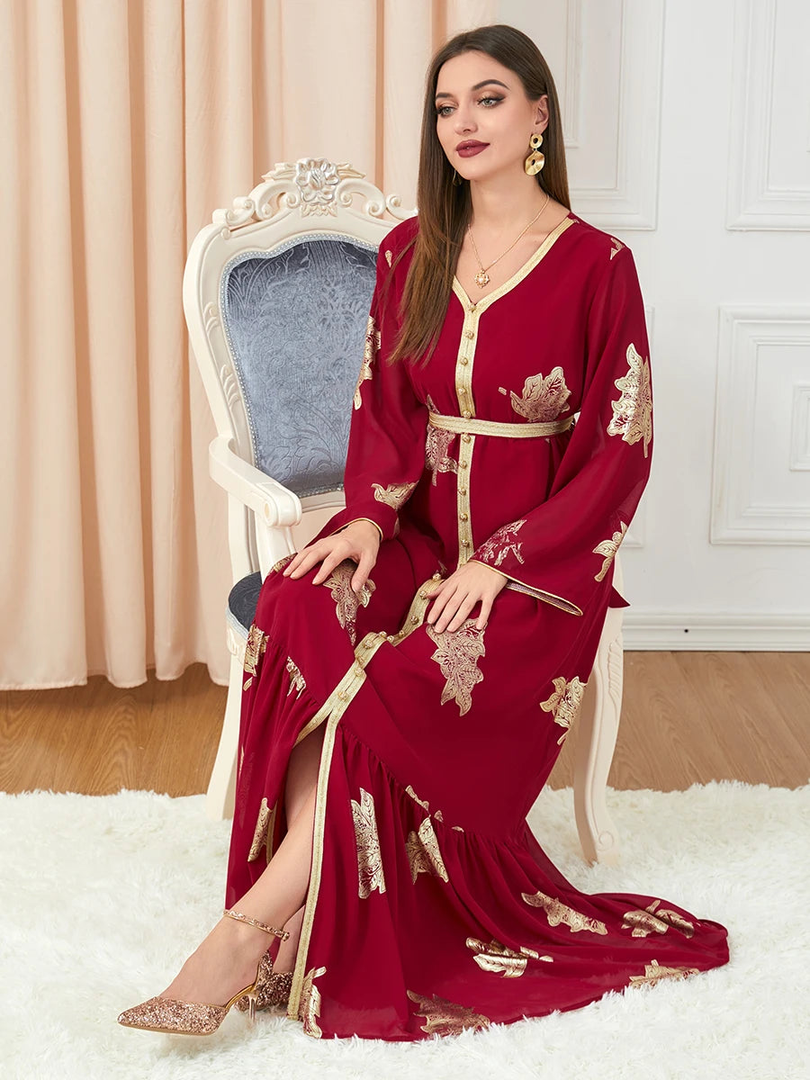 Party Dresses Muslim Abaya Women Dubai 2024 Iron Long Sleeve V-Neck Button Maxi Long Dress Tape Belted Kaftan Split Hem Vestidos