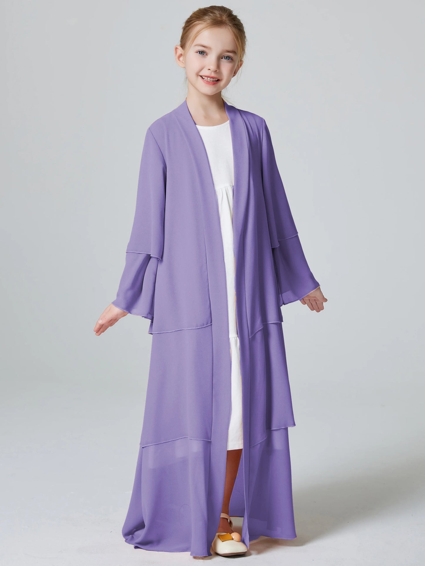 Ramadan Kebaya Muslim Girls Abaya 3 Layered Chiffon Kids Abaya Dress Open Front Outerwear (Without Hijab)