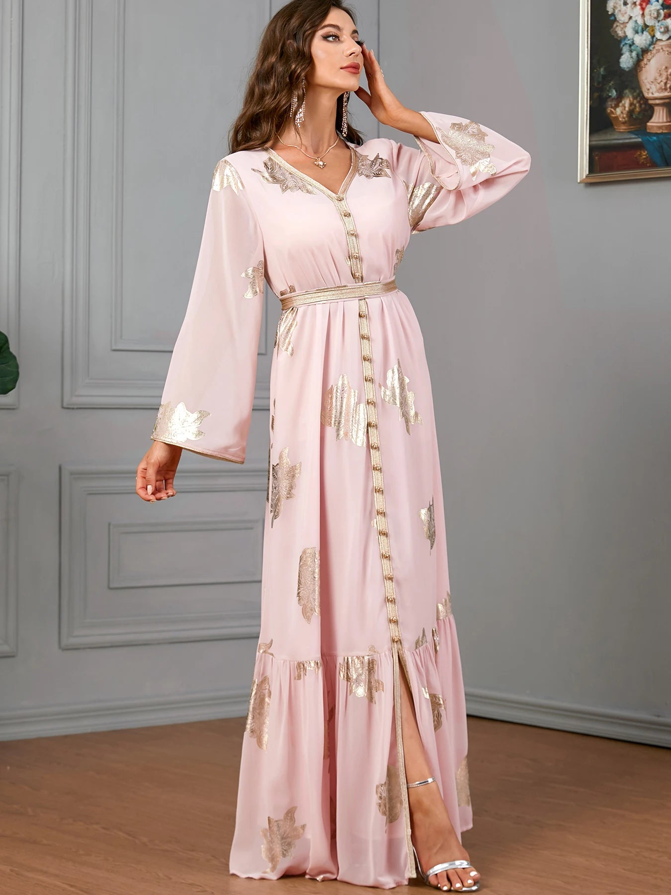Party Dresses Muslim Abaya Women Dubai 2024 Iron Long Sleeve V-Neck Button Maxi Long Dress Tape Belted Kaftan Split Hem Vestidos