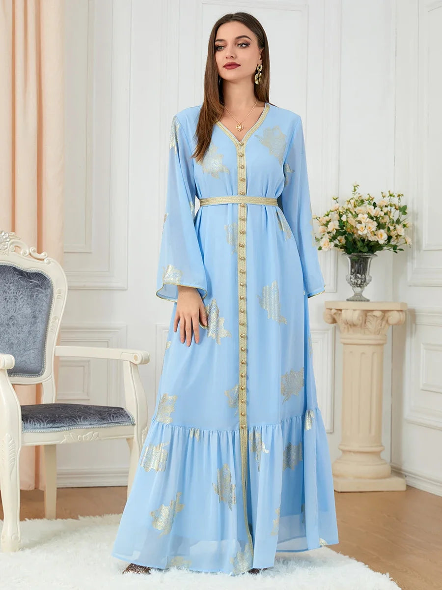Party Dresses Muslim Abaya Women Dubai 2024 Iron Long Sleeve V-Neck Button Maxi Long Dress Tape Belted Kaftan Split Hem Vestidos