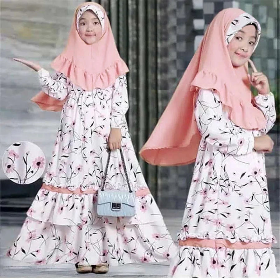 Muslim Girls Abaya Hijab Maxi Prayer Dress Printed Set Kids Islamic Arab Robe Kaftan Headscarf Turkey Dubai Ramadan Clothes