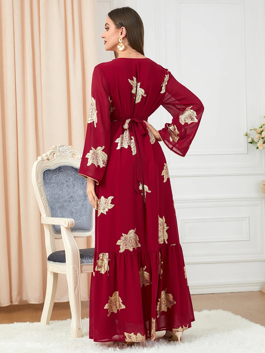 Party Dresses Muslim Abaya Women Dubai 2024 Iron Long Sleeve V-Neck Button Maxi Long Dress Tape Belted Kaftan Split Hem Vestidos
