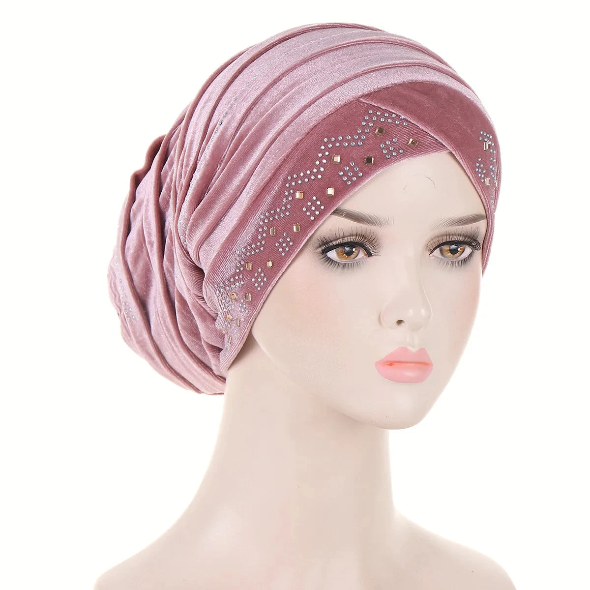 Glitter Diamonds Pleated Turban Cap Women Soft Velvet Head Wraps Caps Muslim Headscarf Bonnet Female Beanie Pullover Cap