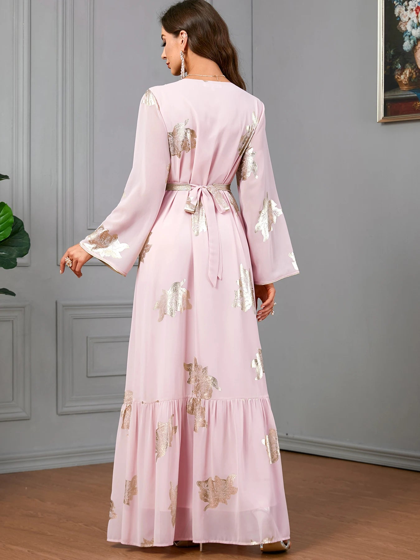 Party Dresses Muslim Abaya Women Dubai 2024 Iron Long Sleeve V-Neck Button Maxi Long Dress Tape Belted Kaftan Split Hem Vestidos