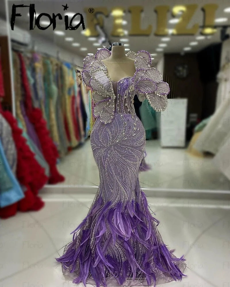 2025 New Feather Evening Dress Plus Size Muslim Chic Formal Prom Party Gowns Full Beading Robe Soirée Female Customized