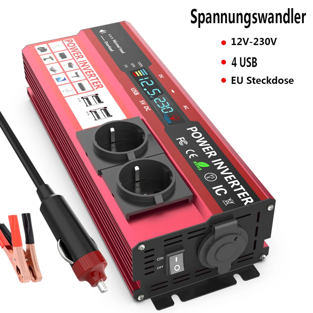 12V To 220V 4000W Power Inverter LCD Display EU Socket Solar Inverter Dual USB Fast Charging for Phone Laptops Car