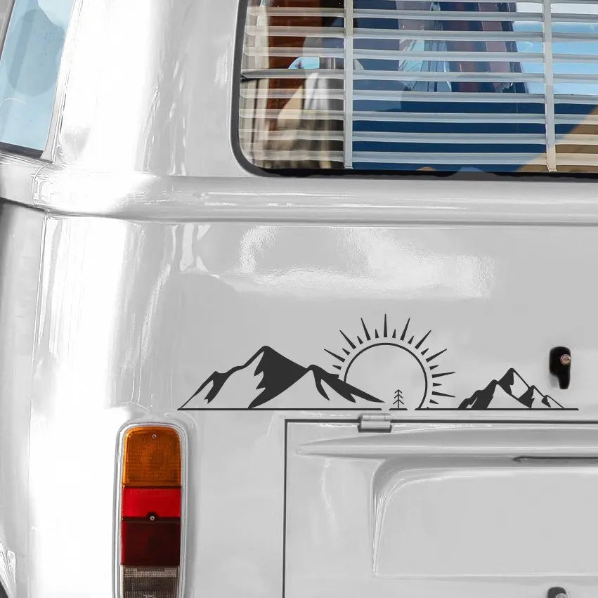 Camper Van Sticker 'Mountains Landscape Sun' Design | Versatile stickers for camping, travel journals & more