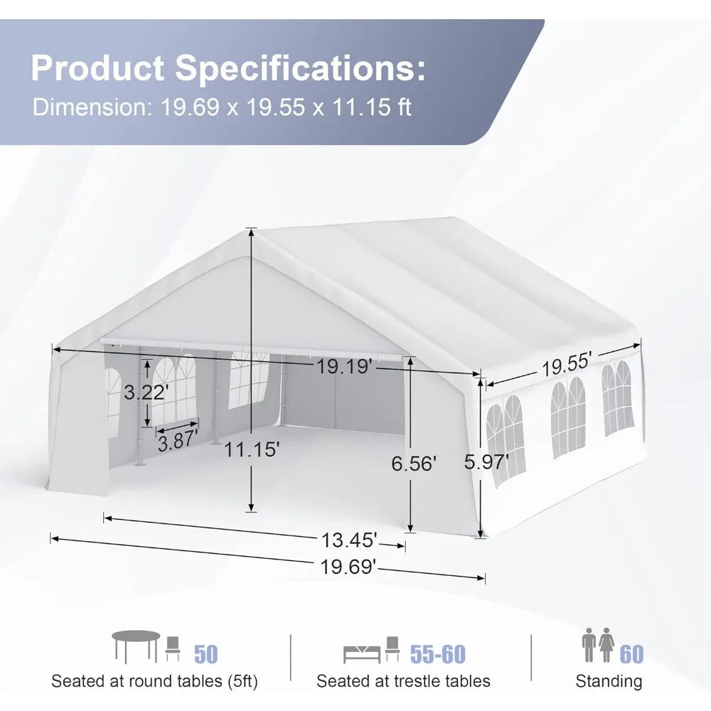 Canopy Tent for Parties Heavy Duty 20'x20' Car Tent Carport Portable Garage Removable Sidewalls Water Resistant Fabric , White