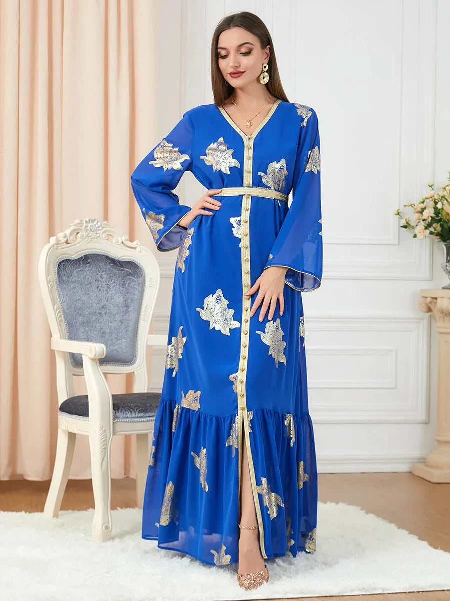 Party Dresses Muslim Abaya Women Dubai 2024 Iron Long Sleeve V-Neck Button Maxi Long Dress Tape Belted Kaftan Split Hem Vestidos