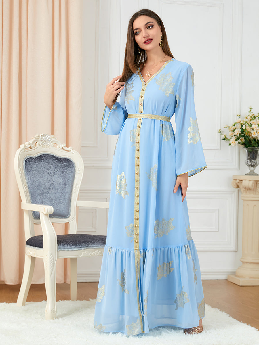 Party Dresses Muslim Abaya Women Dubai 2024 Iron Long Sleeve V-Neck Button Maxi Long Dress Tape Belted Kaftan Split Hem Vestidos