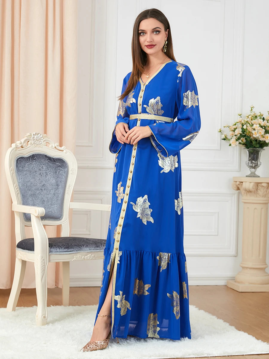 Party Dresses Muslim Abaya Women Dubai 2024 Iron Long Sleeve V-Neck Button Maxi Long Dress Tape Belted Kaftan Split Hem Vestidos