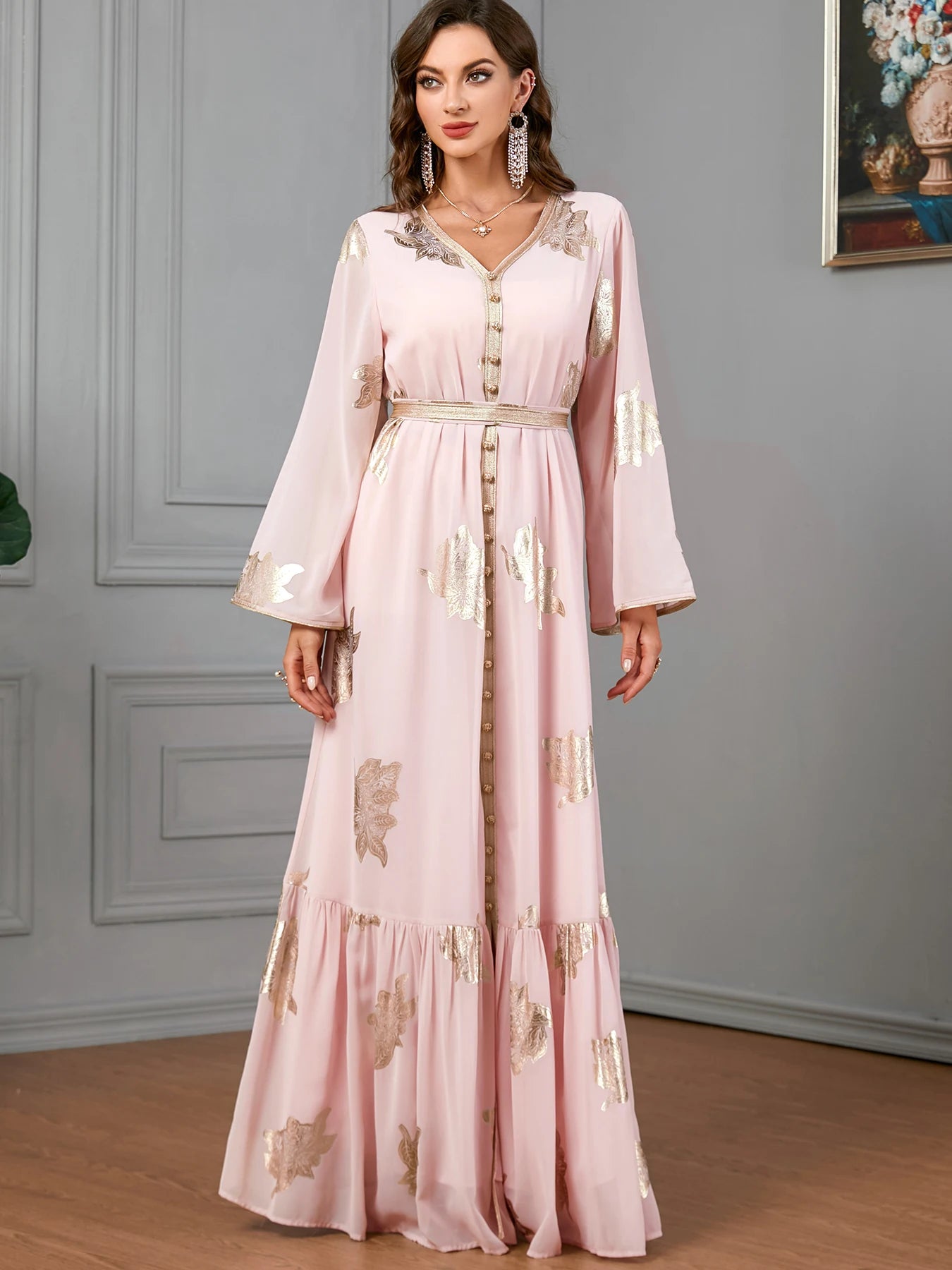 Party Dresses Muslim Abaya Women Dubai 2024 Iron Long Sleeve V-Neck Button Maxi Long Dress Tape Belted Kaftan Split Hem Vestidos
