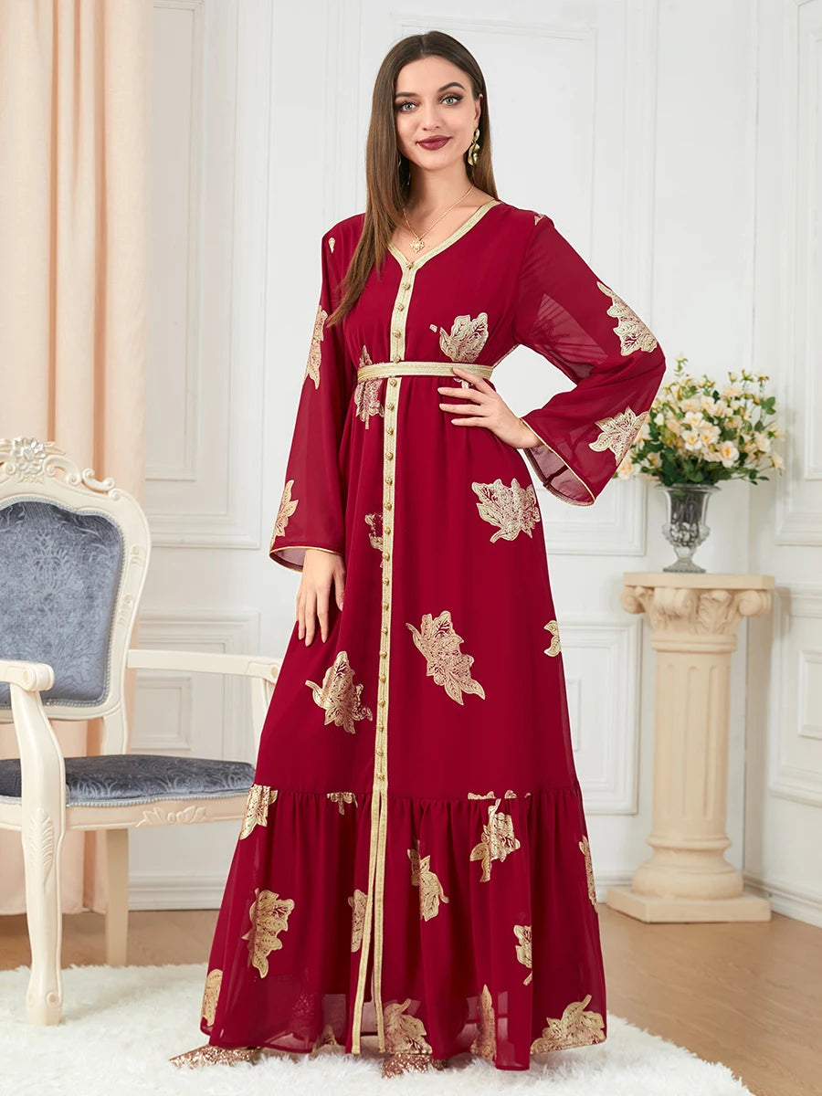 Party Dresses Muslim Abaya Women Dubai 2024 Iron Long Sleeve V-Neck Button Maxi Long Dress Tape Belted Kaftan Split Hem Vestidos