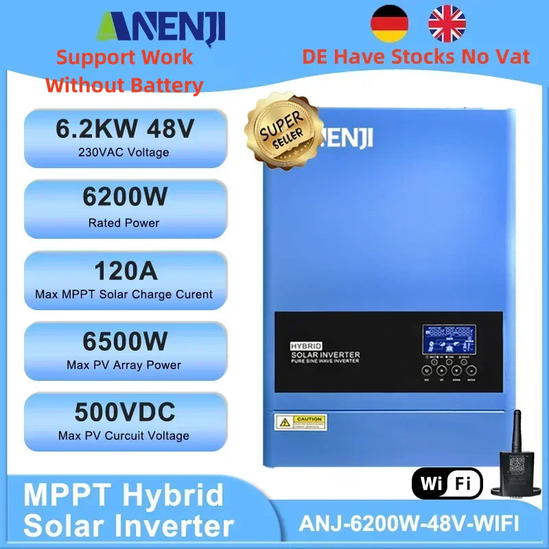6.2KW 4KW Solar Inverter Hybrid 48V 24V Pure Sine Wave On Grid Off Grid MPPT 100A/120A Solar Charge Controller For PV 60-500V