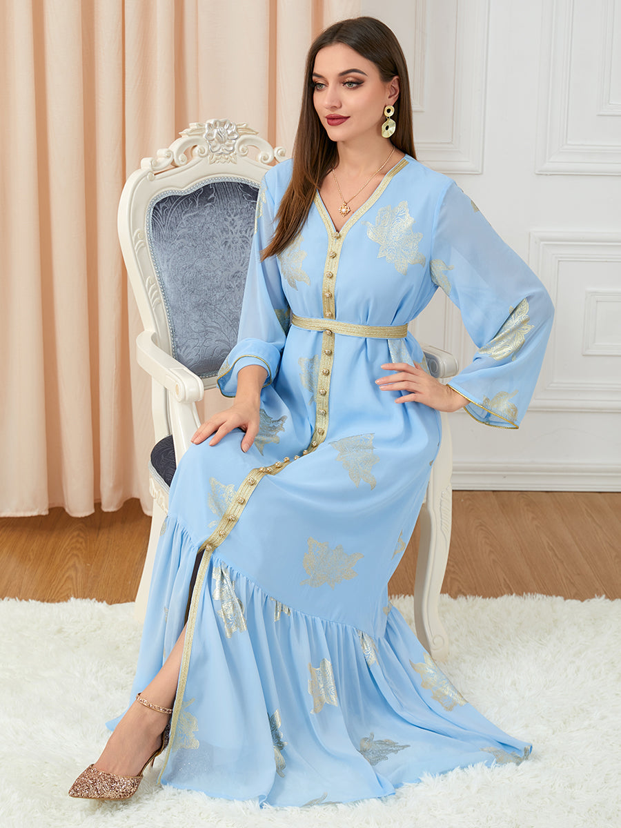 Party Dresses Muslim Abaya Women Dubai 2024 Iron Long Sleeve V-Neck Button Maxi Long Dress Tape Belted Kaftan Split Hem Vestidos