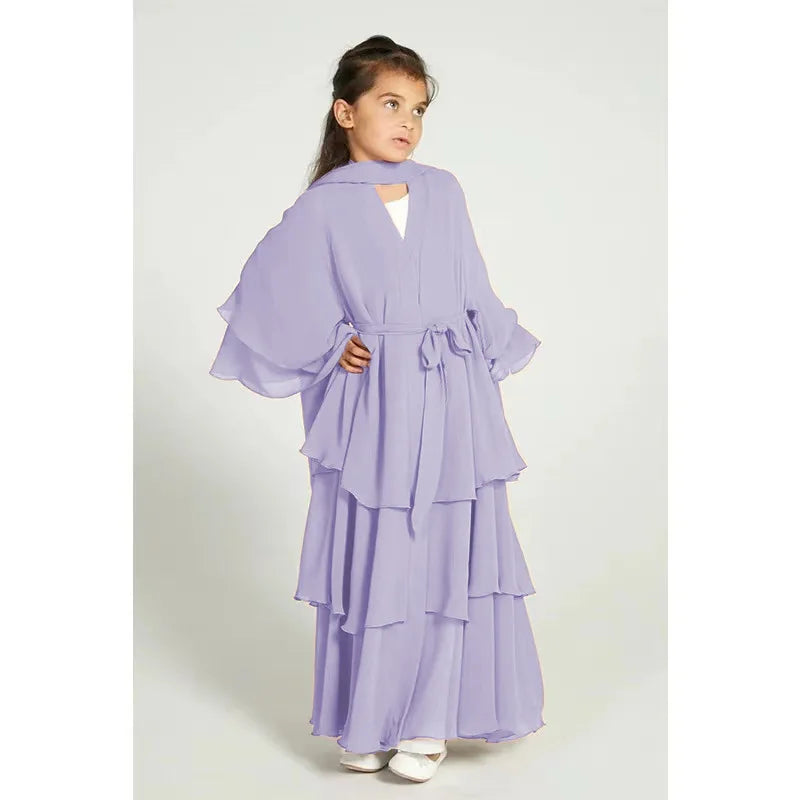Ramadan Eid Muslim Sweet Girl Abaya Chiffon 3 Layers Cake Dress Kids Abayas Dubai Arabic Islam Abayas Children Robe Cardigan