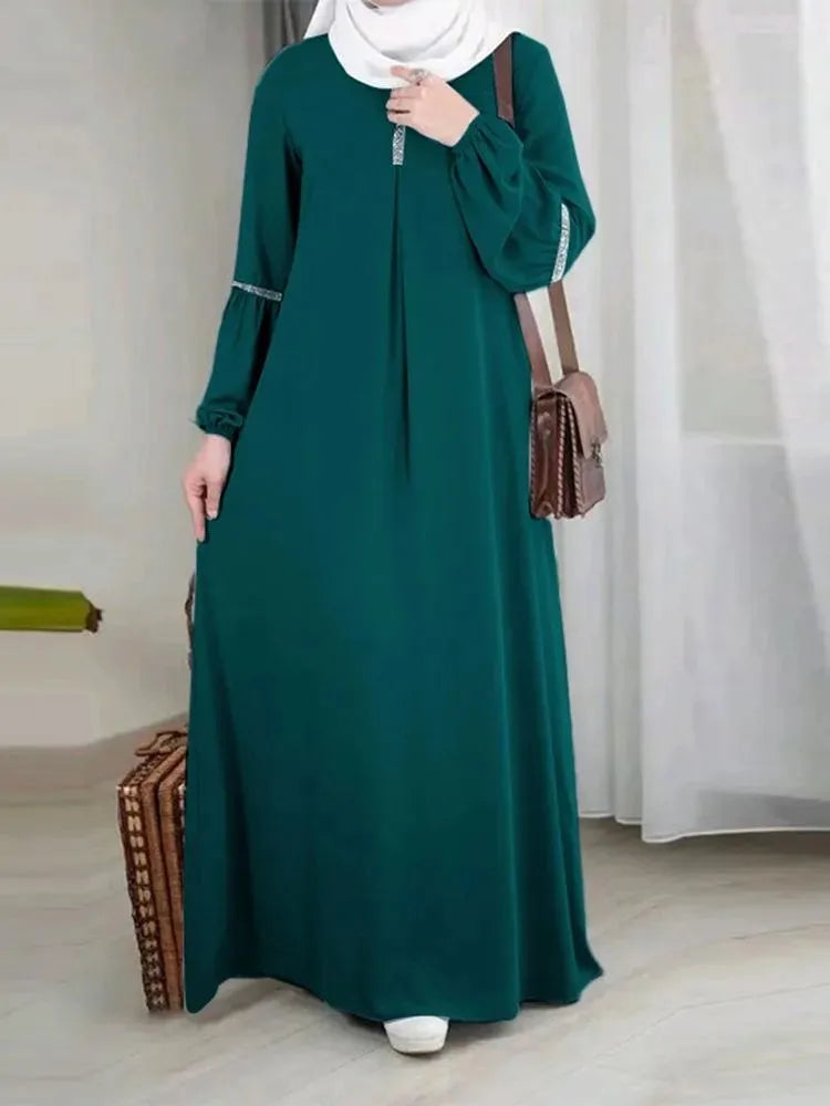 Casual Sequin Sundress Muslim Dress Women Stretch Cuff Kaftan Lislamic Clothing Arabian Dubai Abayas Women Clothes Musulmane