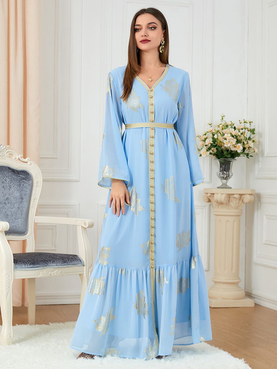 Party Dresses Muslim Abaya Women Dubai 2024 Iron Long Sleeve V-Neck Button Maxi Long Dress Tape Belted Kaftan Split Hem Vestidos