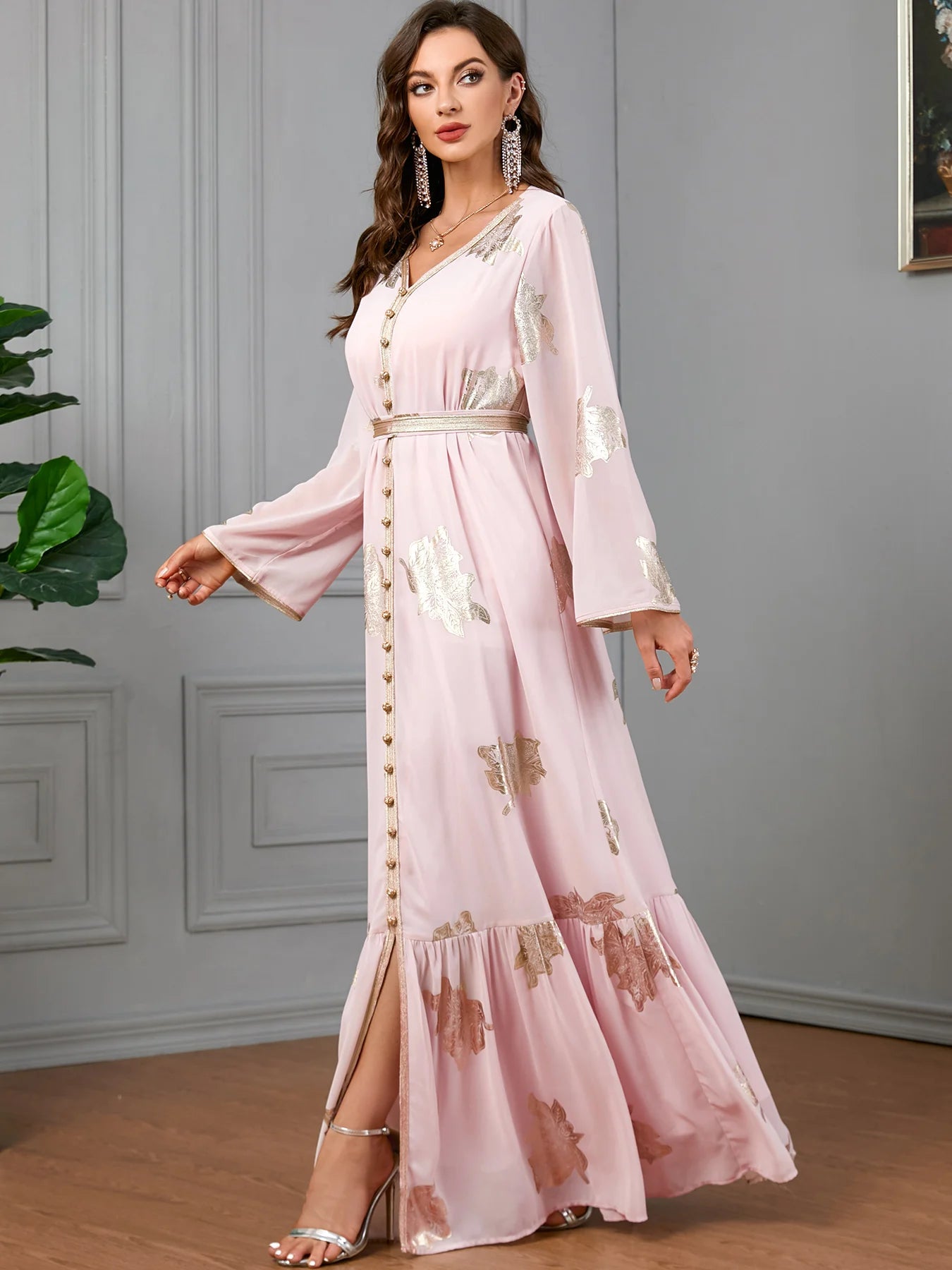 Party Dresses Muslim Abaya Women Dubai 2024 Iron Long Sleeve V-Neck Button Maxi Long Dress Tape Belted Kaftan Split Hem Vestidos