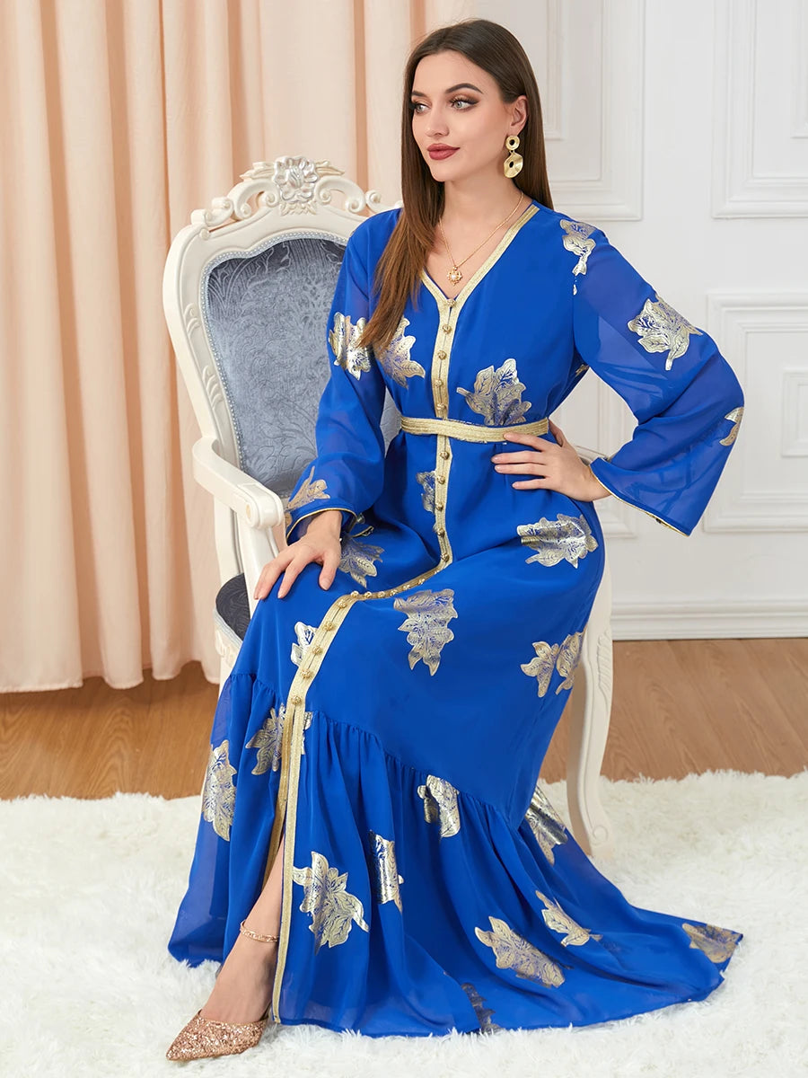 Party Dresses Muslim Abaya Women Dubai 2024 Iron Long Sleeve V-Neck Button Maxi Long Dress Tape Belted Kaftan Split Hem Vestidos