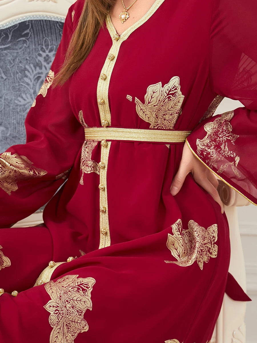 Party Dresses Muslim Abaya Women Dubai 2024 Iron Long Sleeve V-Neck Button Maxi Long Dress Tape Belted Kaftan Split Hem Vestidos