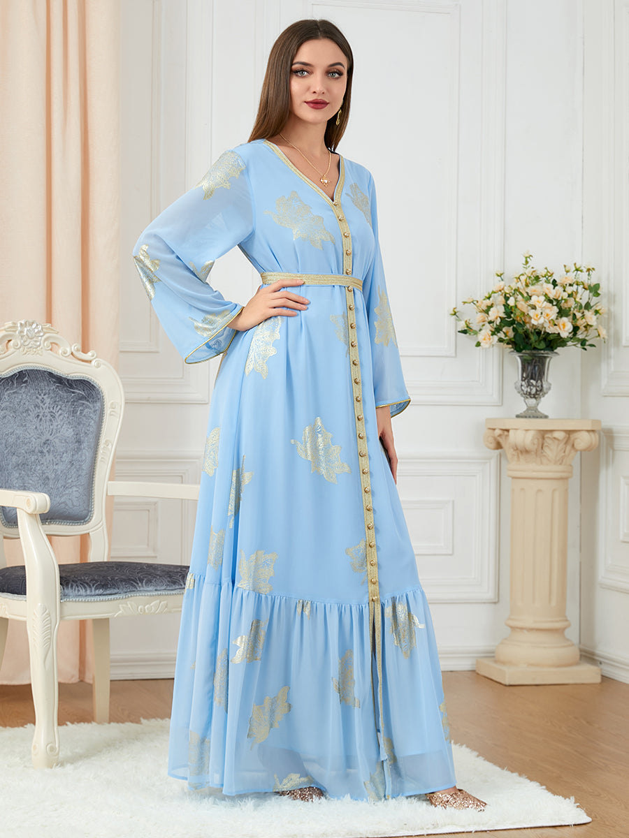 Party Dresses Muslim Abaya Women Dubai 2024 Iron Long Sleeve V-Neck Button Maxi Long Dress Tape Belted Kaftan Split Hem Vestidos
