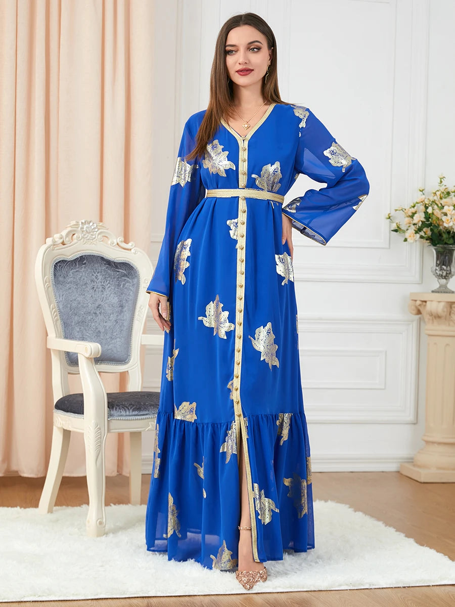 Party Dresses Muslim Abaya Women Dubai 2024 Iron Long Sleeve V-Neck Button Maxi Long Dress Tape Belted Kaftan Split Hem Vestidos
