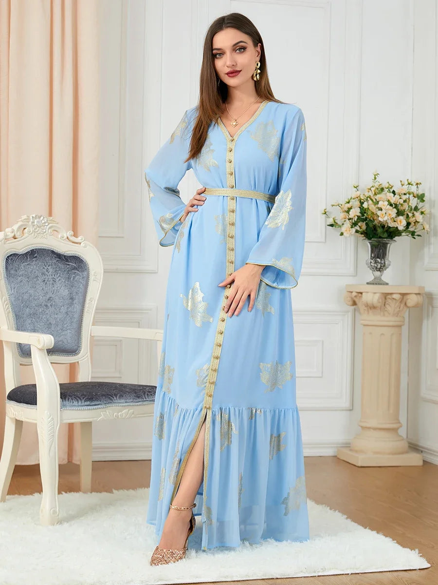 Party Dresses Muslim Abaya Women Dubai 2024 Iron Long Sleeve V-Neck Button Maxi Long Dress Tape Belted Kaftan Split Hem Vestidos