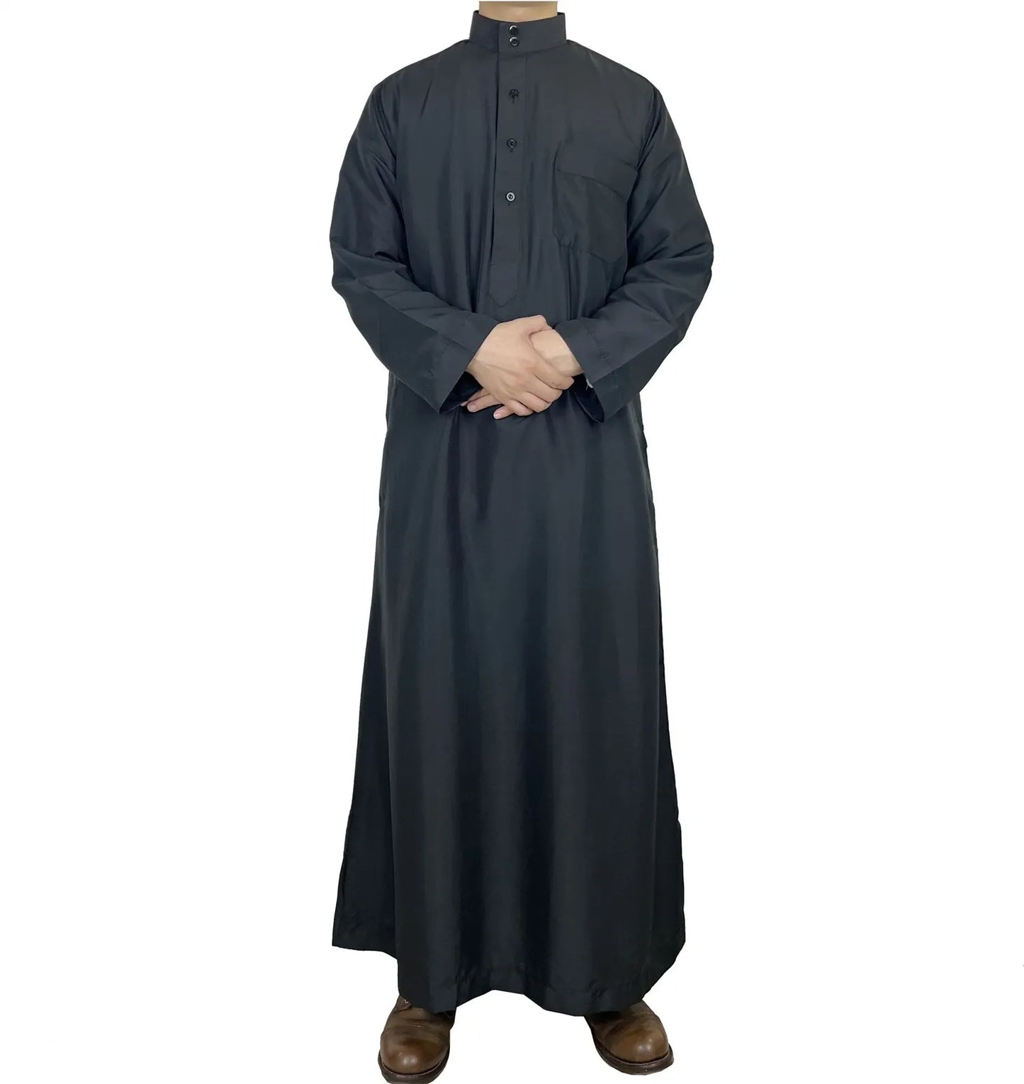 Polyester Muslim Men's Robes Qatar Stand Collar Robe Pocket Design Arab Middle Eastern Menswear Muslim Fashion Arabic