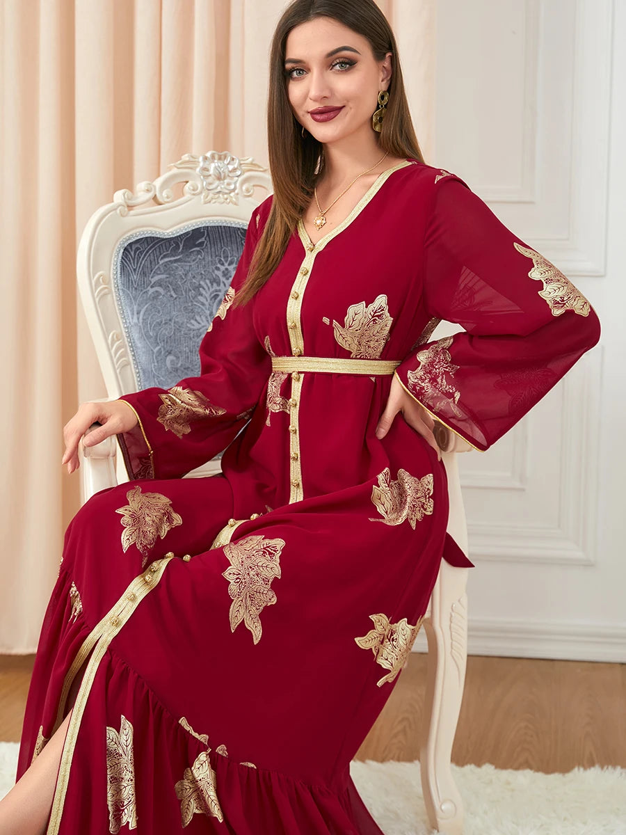 Party Dresses Muslim Abaya Women Dubai 2024 Iron Long Sleeve V-Neck Button Maxi Long Dress Tape Belted Kaftan Split Hem Vestidos