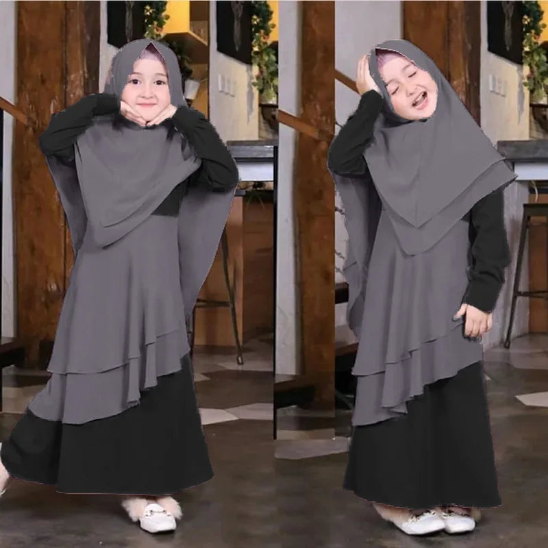2Pcs Muslim Ramadan Prayer Dress Abaya Sets Children Girls Eid Khimar Hijab Arab Kids Long Robe Headscarf Kaftan Gown jilbab