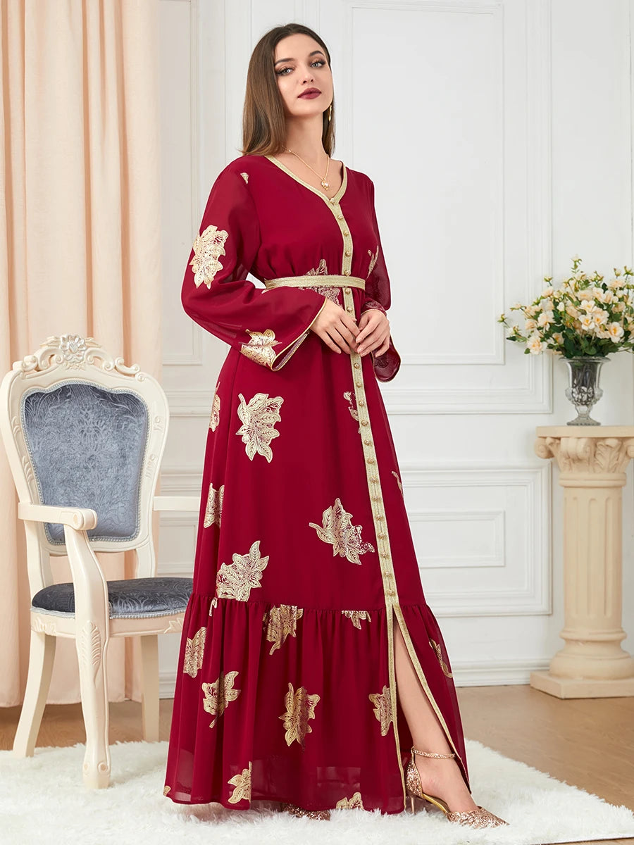 Party Dresses Muslim Abaya Women Dubai 2024 Iron Long Sleeve V-Neck Button Maxi Long Dress Tape Belted Kaftan Split Hem Vestidos