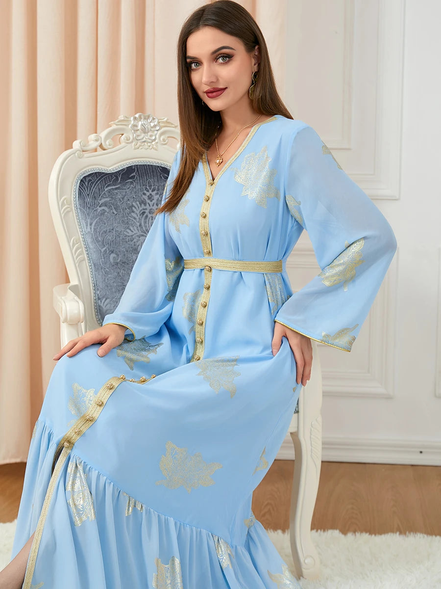 Party Dresses Muslim Abaya Women Dubai 2024 Iron Long Sleeve V-Neck Button Maxi Long Dress Tape Belted Kaftan Split Hem Vestidos