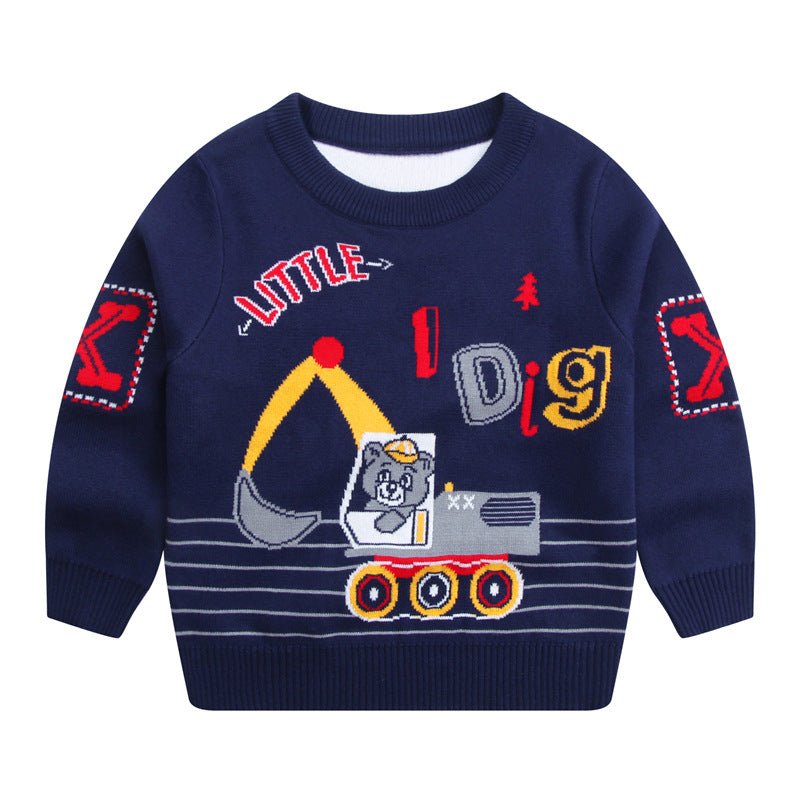 Autumnwinter New Cotton Line Cartoon Bear Excavator Boy's PulloverChildren's Long-sleeved Sweater