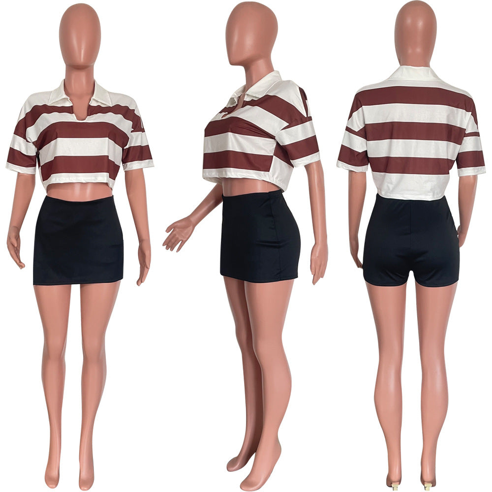 Women's Summer New Sunken Stripe Short-sleeved Top Fashion Positioning Striped Drop-shoulder Sleeve Loose T-shirt