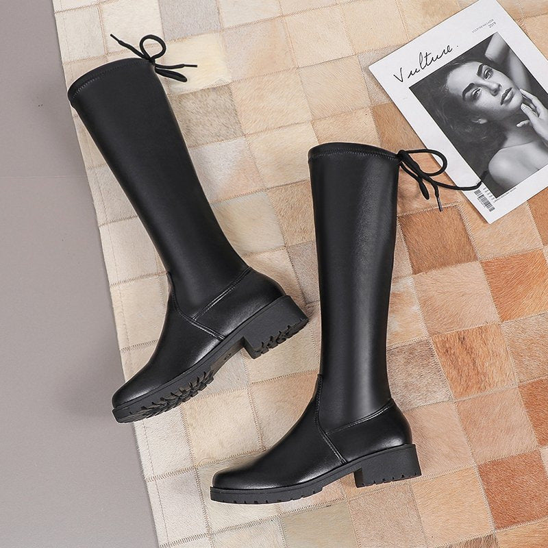 Women's Thick Heel Lace Up High Tube Thin Leather Boots