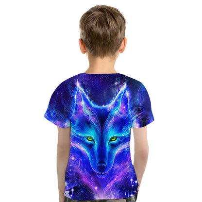 3D Purple Wolf Head Printed Children's Short Sleeve T-Shirt Europe And America