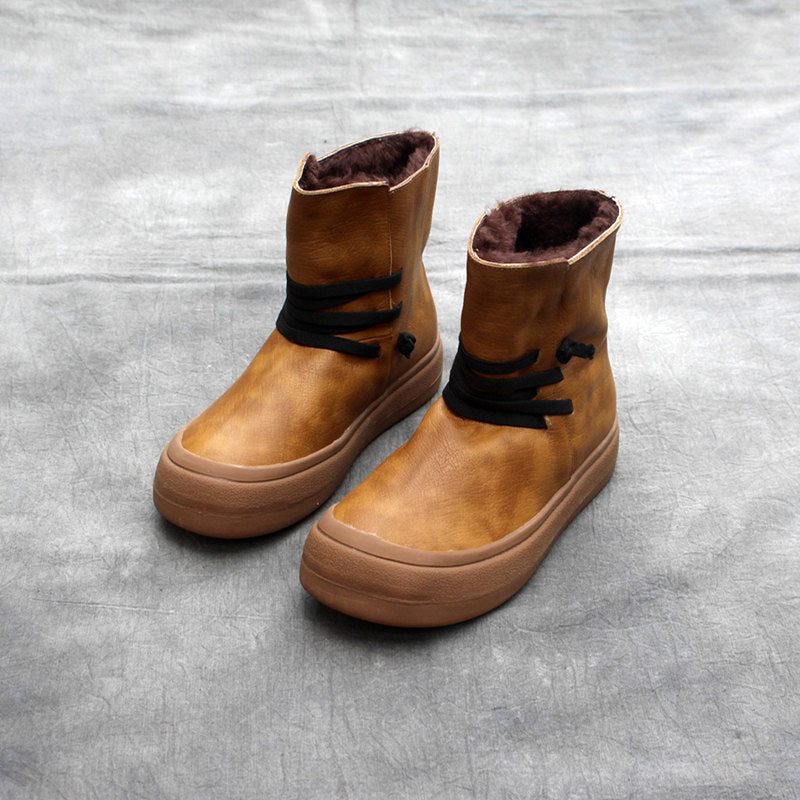 Handmade Cowhide Boots For Women With Vintage Round Head