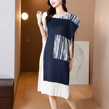 Print Loose Knee Length Dress Women Summer Round Neck Elegant Casual Split Dresses for Female New Clothes
