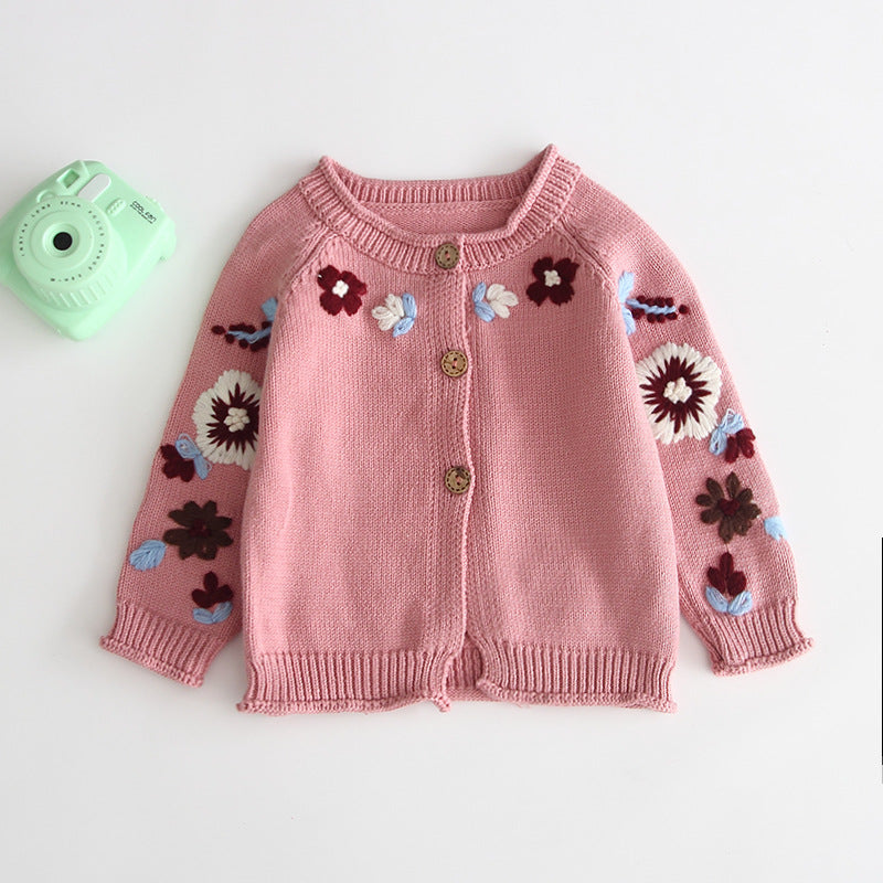 Embroidered Chain Link Knit Cardigan Button Sweater