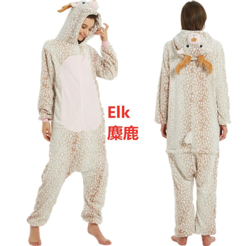 Flannel Cute Cartoon Animation Animal Pajamas Minotaur Elk Husky One-Piece Pajamas For Men And Women