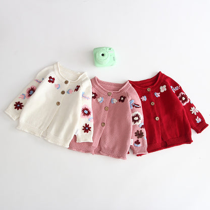 Embroidered Chain Link Knit Cardigan Button Sweater