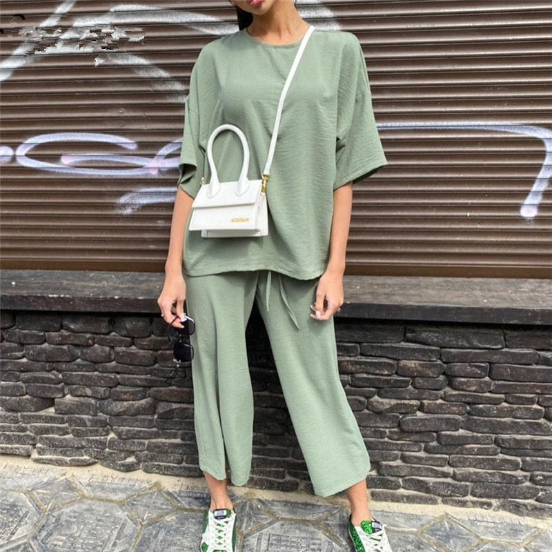 Sexy Fashion Khaki Women's Set Summer Casual Two Piece Set Short Sleeve Tops Shirt And Loose Beach Pants Set Bottom Suit Outfits
