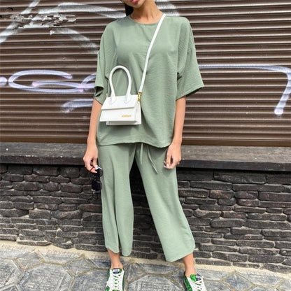 Sexy Fashion Khaki Women's Set Summer Casual Two Piece Set Short Sleeve Tops Shirt And Loose Beach Pants Set Bottom Suit Outfits