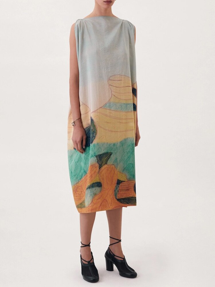 Casual Printing Dresses for Women Slash Neck Sleeveless Loose Waist Patchwork Lace Up Backless Oversize Dress Female