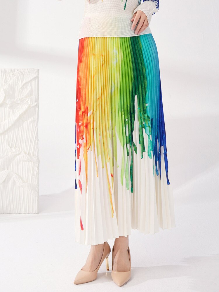 Gradient Pleated Two Pieces Sets Women Spring New Print Slim Turtleneck Top Elastic Waist Fashion Skirt Female 17G0540