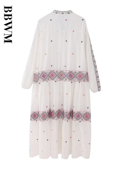 Colour Matching Embroidery Dresses O Neck Vintage Long Dress Woman Loose Casual Dress 2023 Street Chic Female Summer Dress