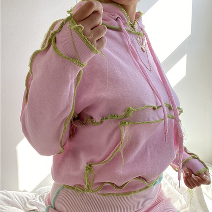 Hooded Patchwork Sweatshirts Autumn Winter Women Fashion Streetwear Outfits Pullovers Tops