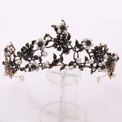 Floral Black Diamond Pearl Baroque Bridal Crown Wedding Tiara Accessories