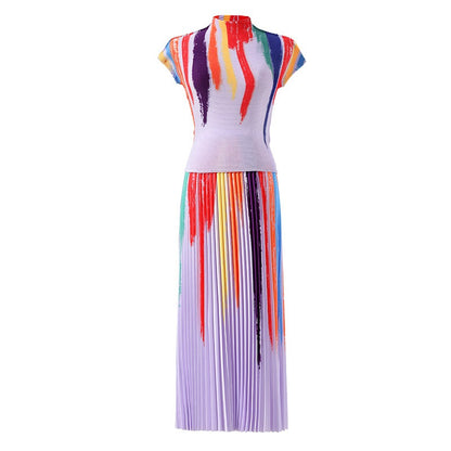 Contrast Color Pleated 2 Pieces Set Women's Turtleneck Short Sleeves Tops High Waist Fold Skirts Casual Clothes